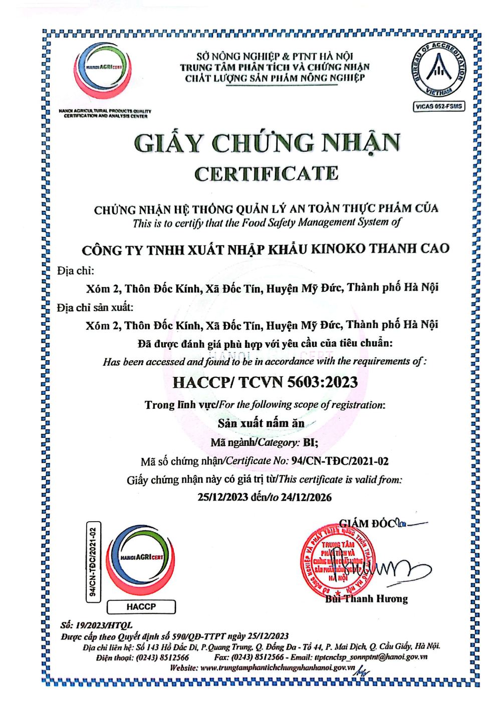 Chứng nhận
An toàn thực phẩm